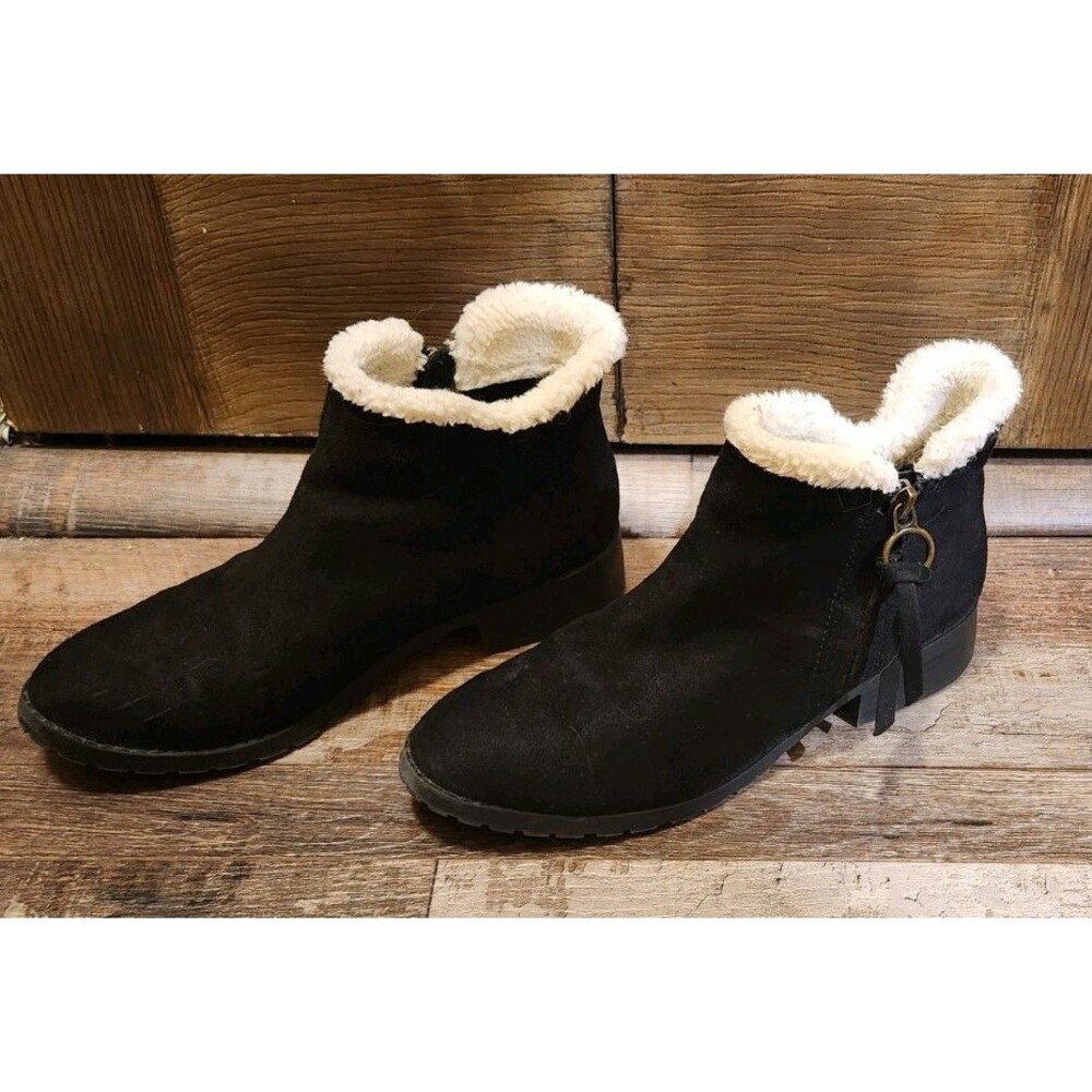 Ladies 7 a.n.a. Women's Zip Up Faux Suede Black Ankle Boots, With Faux Fur Cuff
